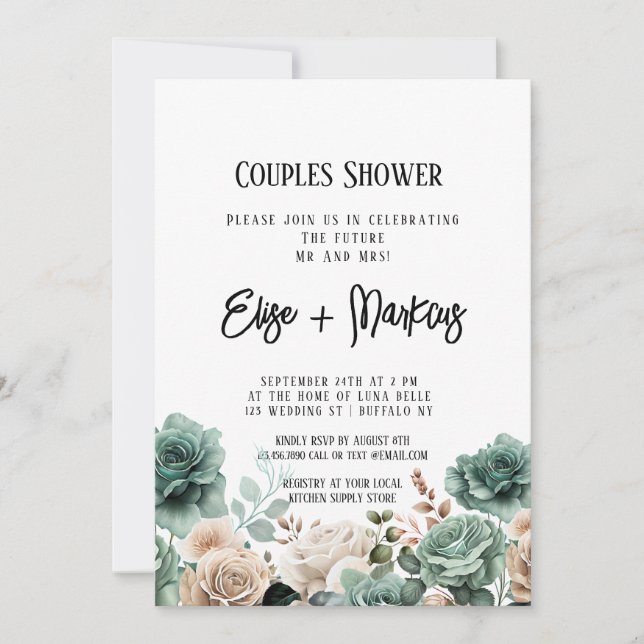 Emerald Green Peony Wedding Couples Shower Invitation (Front)