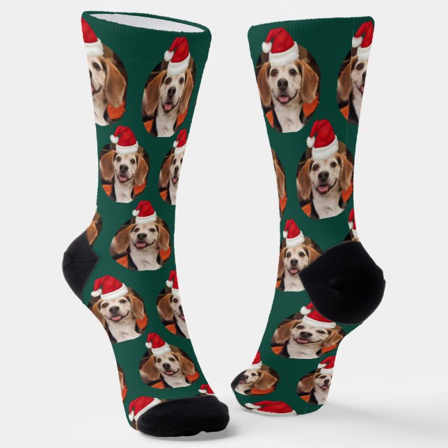 Emerald Green Pet Photo & Santa Hats on Head  Socks (Angled)