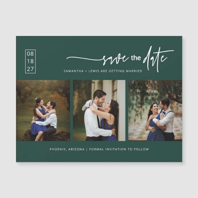 Emerald Green Photo Save the Date Magnetic Card (Front)