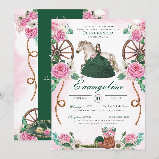 Emerald Green & Pink Floral Charro Quinceanera Invitation (Front/Back)