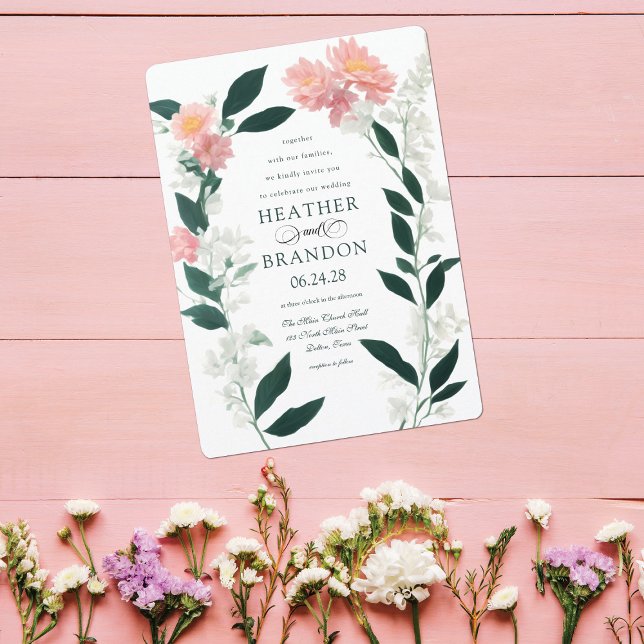 Emerald Green Pink Floral Foliage Wedding Invitation (Creator Uploaded)