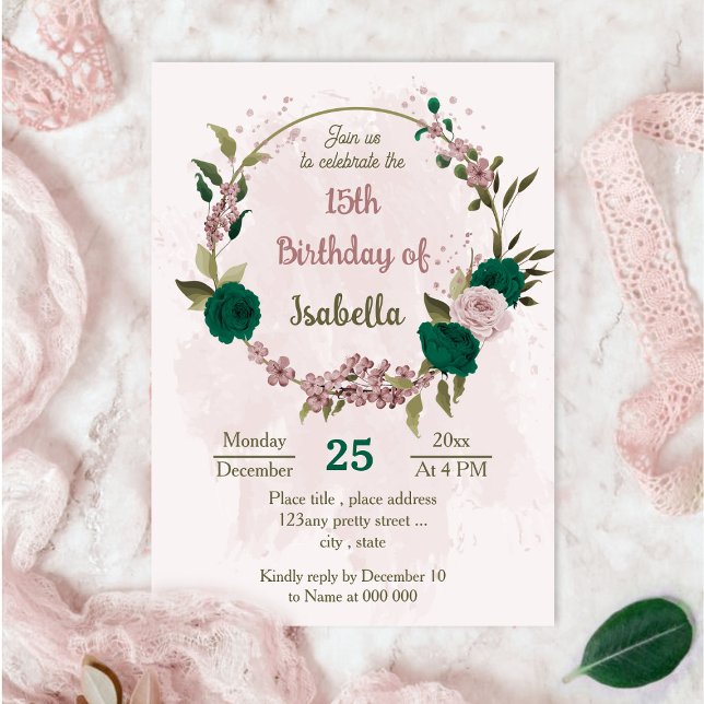 emerald green pink flowers botanical birthday invitation (Creator Uploaded)