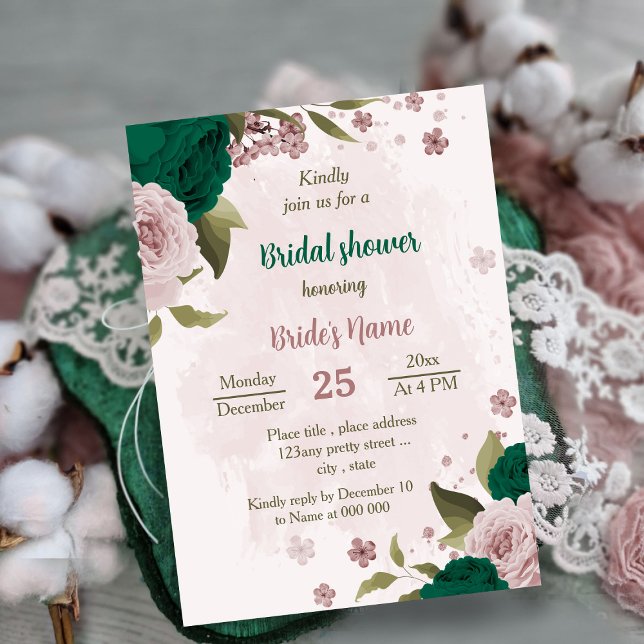 emerald green pink flowers botanical bridal shower invitation (Creator Uploaded)