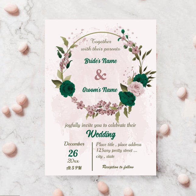 emerald green pink flowers botanical wedding invitation (Creator Uploaded)