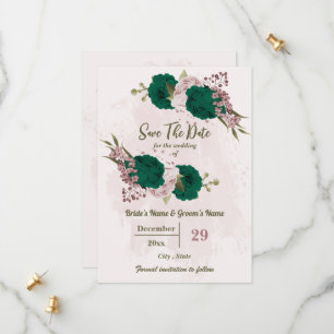 emerald green pink flowers botanical wedding save the date