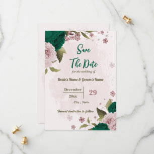 emerald green pink flowers botanical wedding save the date