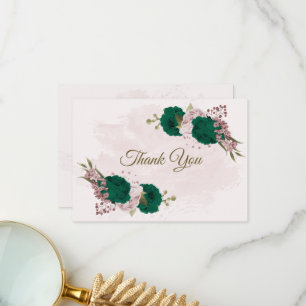 emerald green pink flowers botanical wedding thank you card