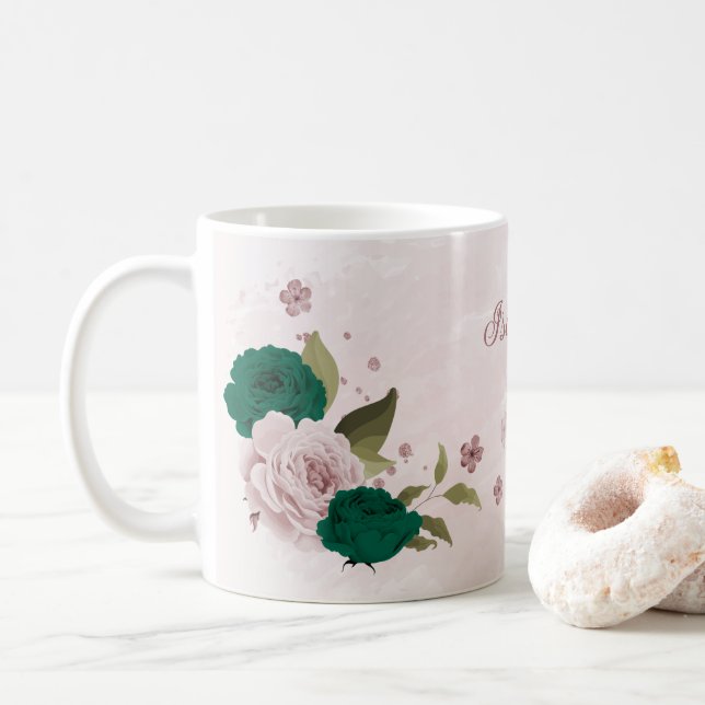 emerald green pink flowers  coffee mug (With Donut)