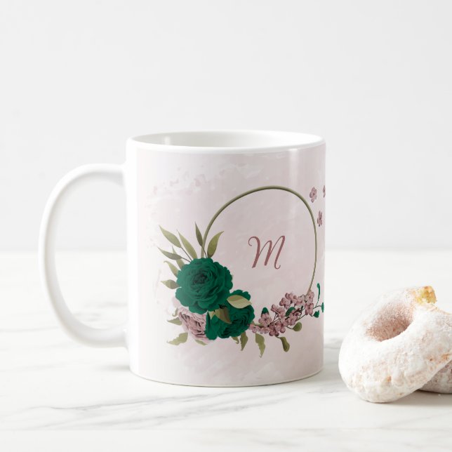 emerald green pink flowers  coffee mug (With Donut)