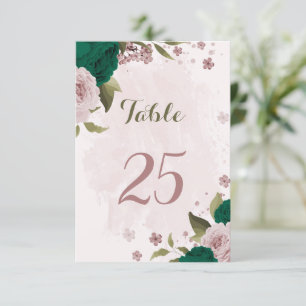 emerald green pink flowers table number card