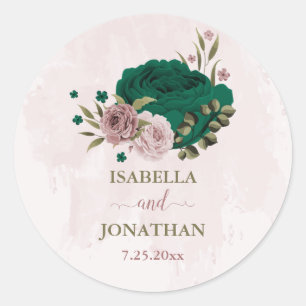 emerald green pink flowers wedding classic round sticker