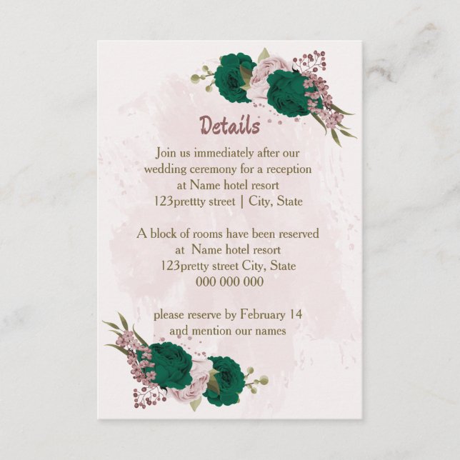 emerald green pink flowers wedding details enclosure card (Front)