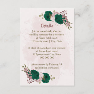 emerald green pink flowers wedding details enclosure card