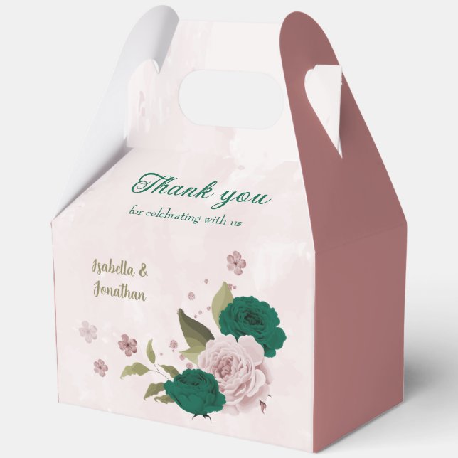 emerald green pink flowers wedding  favor box (Front)