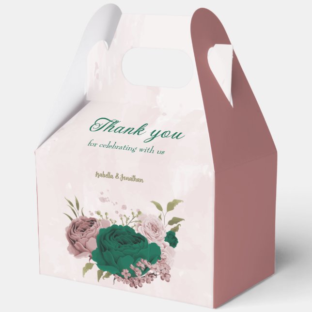 emerald green pink flowers wedding  favor box (Front)