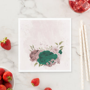 emerald green pink flowers wedding napkin
