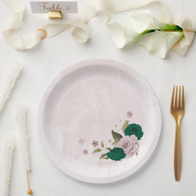 emerald green pink flowers wedding paper plate (Wedding)
