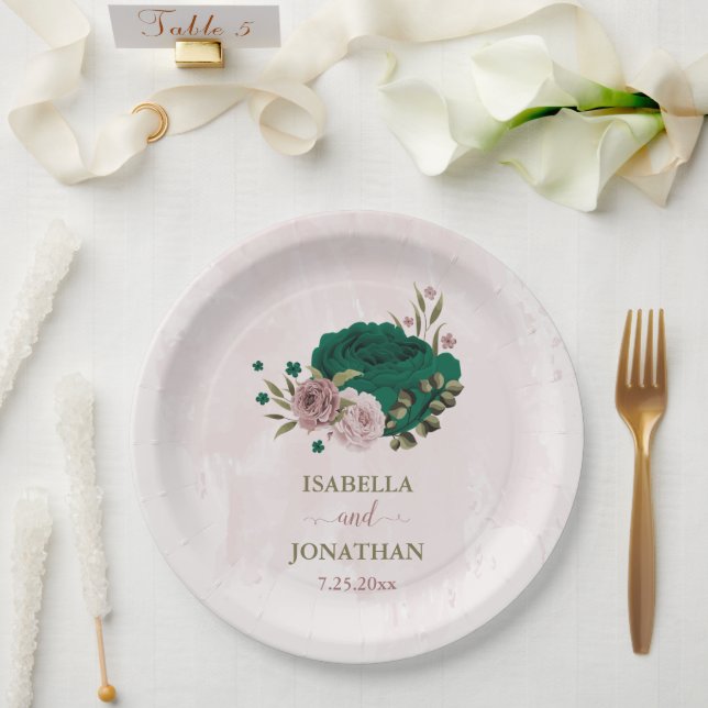 emerald green pink flowers wedding paper plate (Wedding)