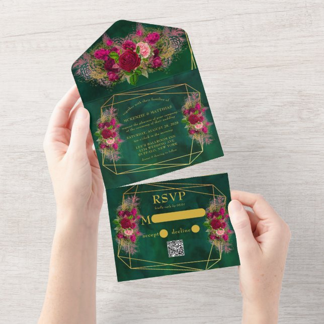 Emerald Green Pink Peony Roses Wedding All In One All In One Invitation (Tearaway)