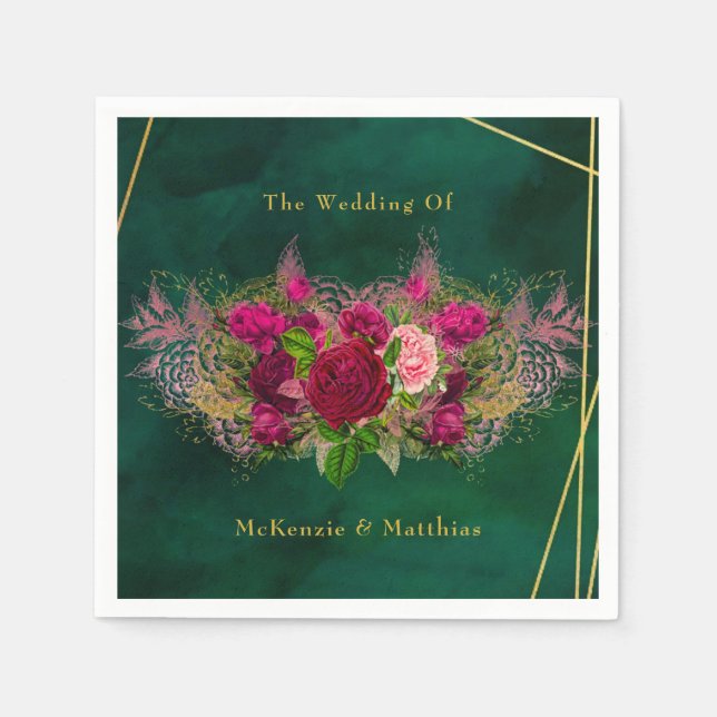 Emerald Green Pink Peony Roses Wedding Napkin (Front)