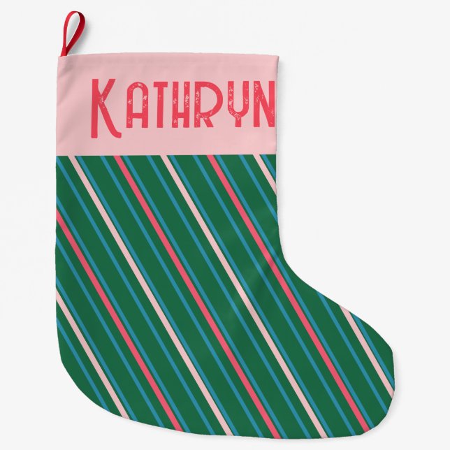 Emerald Green Pink Stripe Girls Large Christmas Stocking (Front)