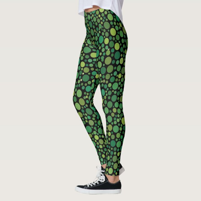 Emerald Green Polka Dot Seamless Pattern on Black Leggings (Left)