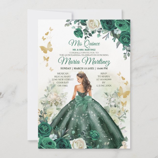 Emerald Green Princess Floral Mexican Mis Quince Invitation (Front)