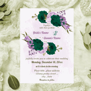 emerald green purple flowers botanical wedding invitation
