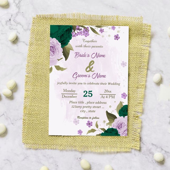 emerald green purple flowers botanical wedding invitation (Creator Uploaded)