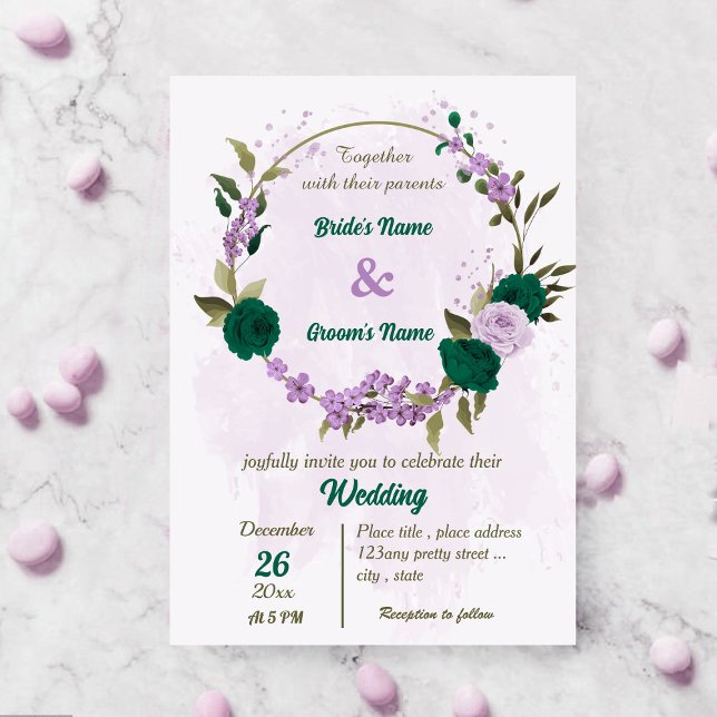 emerald green purple flowers botanical wedding invitation (Creator Uploaded)