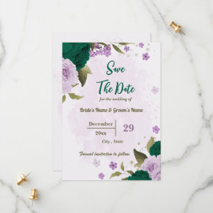 emerald green purple flowers botanical wedding save the date