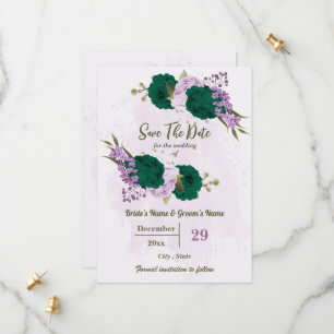 emerald green purple flowers botanical wedding save the date