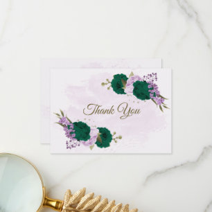 emerald green purple flowers botanical wedding thank you card