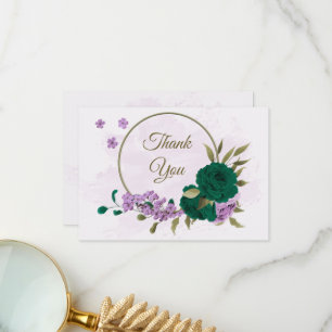 emerald green purple flowers botanical wedding thank you card