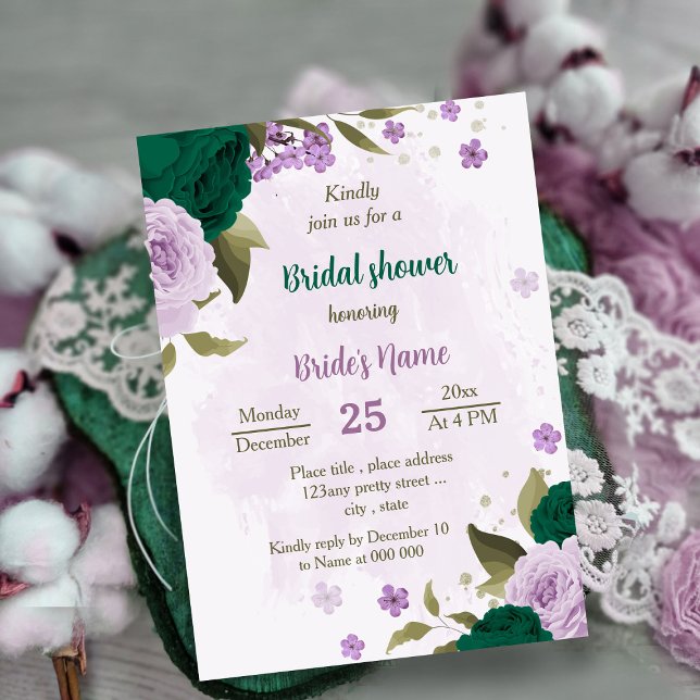 emerald green purple flowers bridal shower invitation (Creator Uploaded)