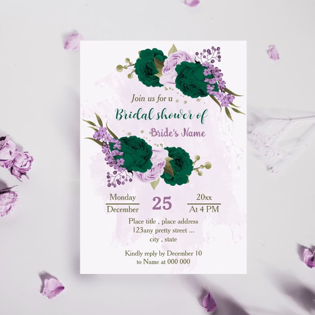 emerald green purple flowers bridal shower invitation (Creator Uploaded)