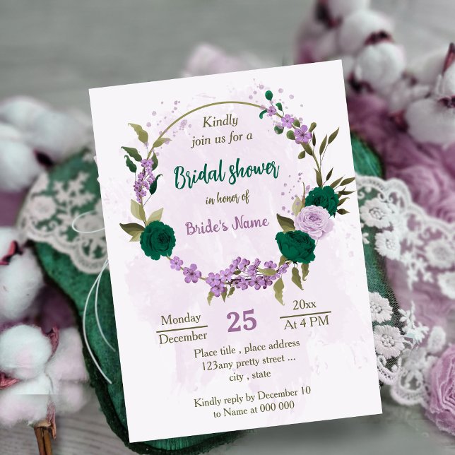emerald green purple flowers bridal shower invitation (Creator Uploaded)