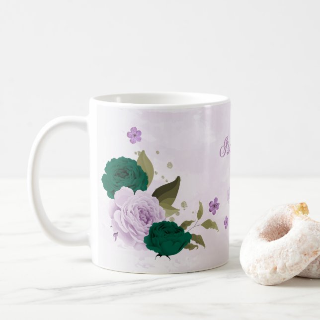 emerald green purple flowers  coffee mug (With Donut)