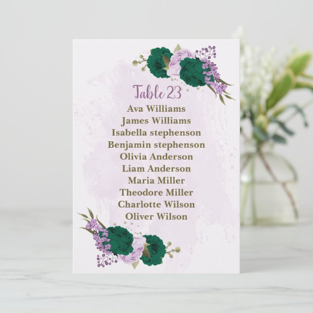 emerald green purple flowers seating chart card (Standing Front)