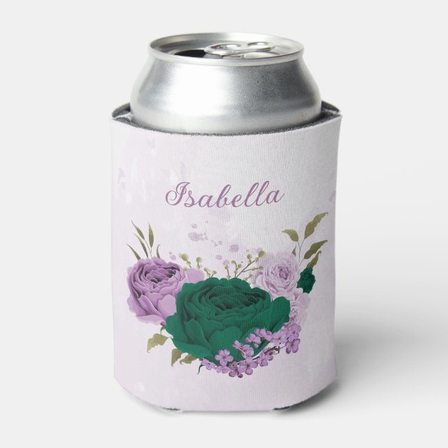 emerald green purple flowers wedding  can cooler (Can Front)