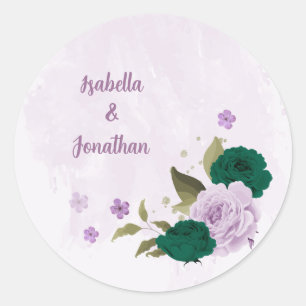 emerald green purple flowers wedding classic round sticker