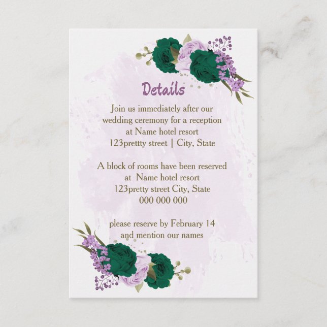 emerald green purple flowers wedding details enclosure card (Front)