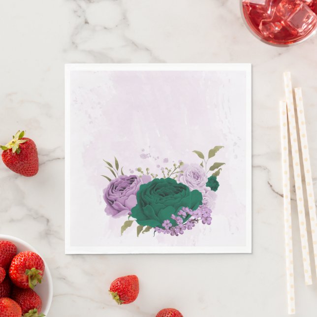emerald green purple flowers wedding napkin (Insitu)