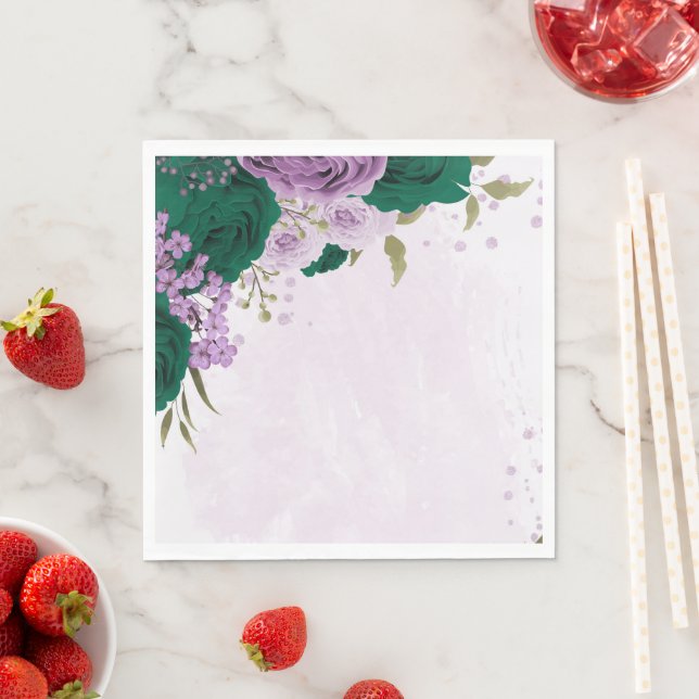 emerald green purple flowers wedding napkin (Insitu)