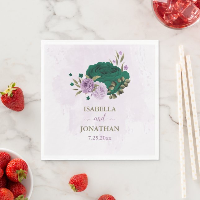 emerald green purple flowers wedding napkin (Insitu)