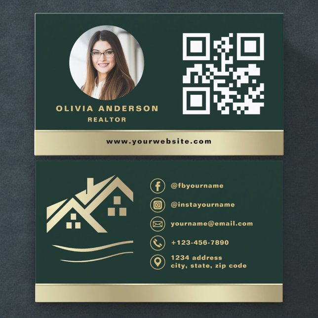 Emerald Green QR Code Gold House Real Estate Business Card (Creator Uploaded)