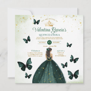 Emerald Green Quinceañera 15 Anos Flowers Gold Invitation
