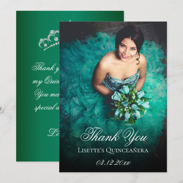 Emerald Green Quinceanera Add Photo Personalized Thank You Card (Front/Back)