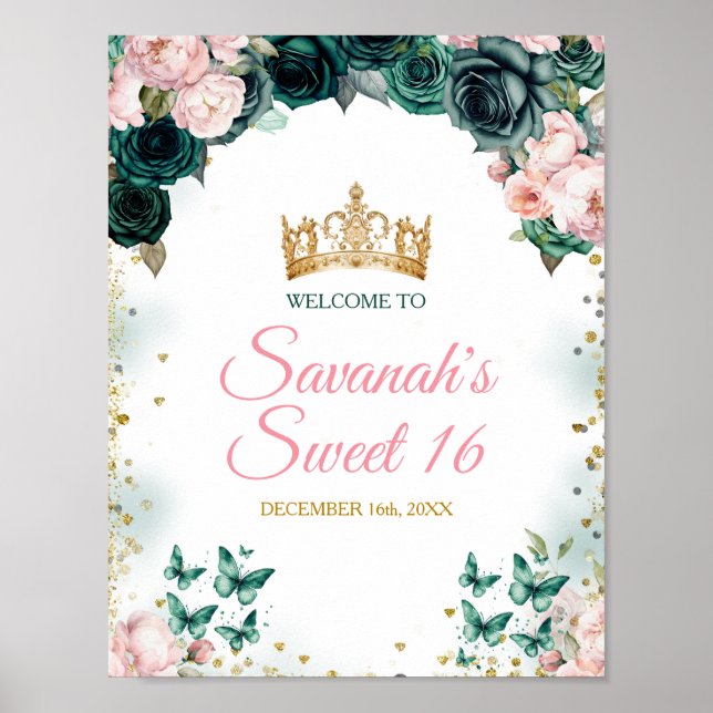 Emerald Green Quinceañera Crown Pink Welcome Sign (Front)