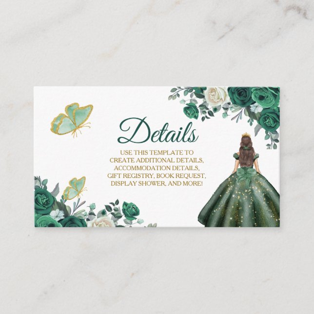Emerald Green Quinceañera Detail Card (Front)